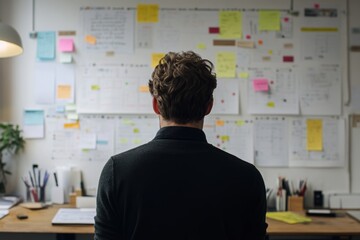 Businessman analyzing a user journey map in a contemporary office setting during daytime