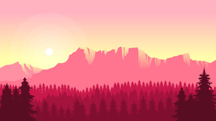 Pink mountain landscape wallpaper in a minimalist flat design style. Minimalist beauty background for desktop and wallpaper