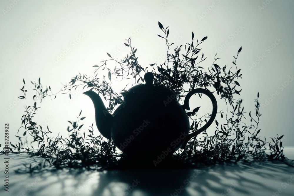 Poster The artwork features a teapot's silhouette seamlessly blending into intricate tea leaves, creating an enchanting abstract visual. Generative AI