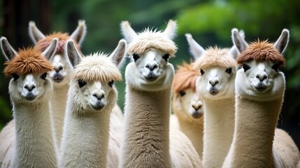 Obraz premium A group of playful llamas with unique hairstyles gathered in a lush green landscape