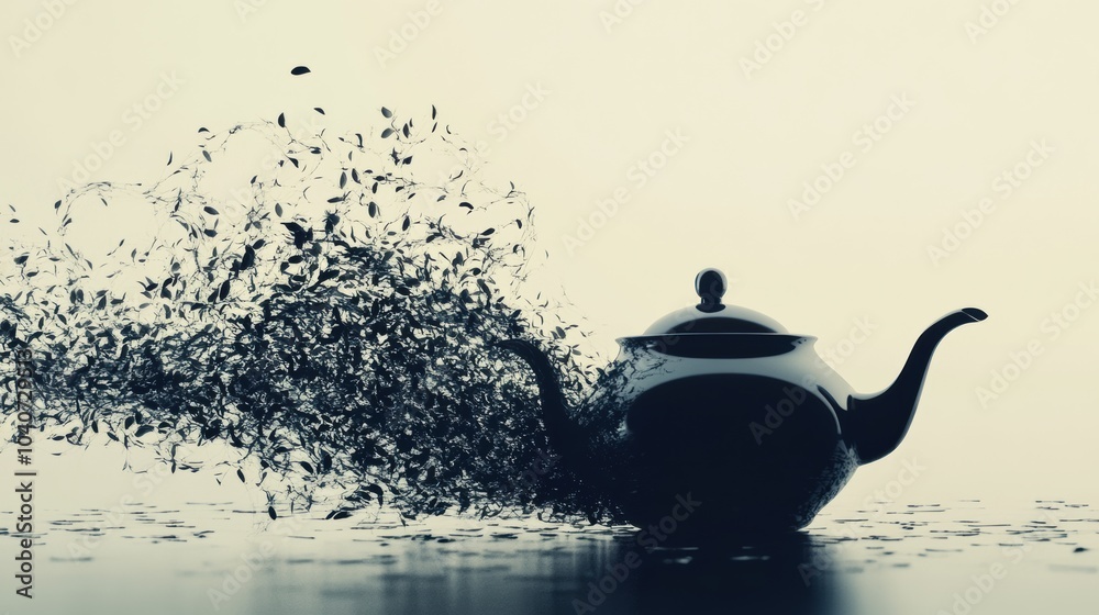 Poster the silhouette of a teapot gracefully transitions into tea leaves, illustrating an artistic fusion o