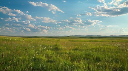 A restored prairie landscape with native grasses and plants thriving after conservation efforts, illustrating the potential for ecosystem recovery
