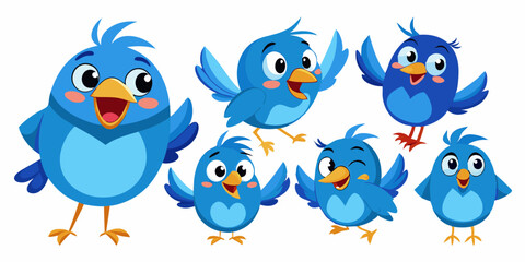 A collection of cute blue cartoon birds displaying various emotions and expressions.