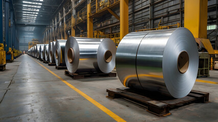 Steel Plate Rolls in Factory Warehouse: Site of Industrial Production and Storage generative ai