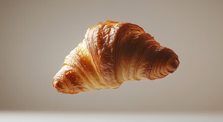 Croissant floating mid-air against light gray background, captured with sharp focus, high resolution, and professional studio lighting. Perfect for food photography and product concepts with clean