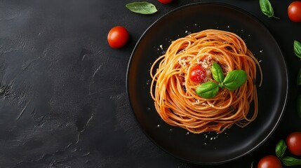 Delicious italian spaghetti on dark plate with copy space on left side for text placement, top view. Dark plate with italian foods. Ultra realistic. Photorealistic