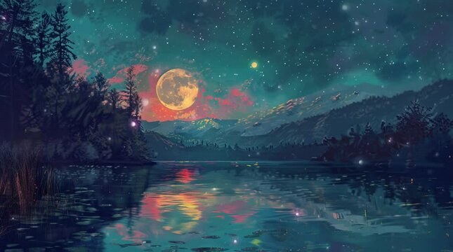 Serene lake and dense forest under a glowing full moon creating a mystical nightscape  
Seamless looping 4k time-lapse virtual video animation Generated AI