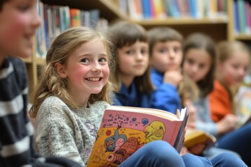 School children engaged in storytelling during library time, sparking imagination and joy in a nurturing environment