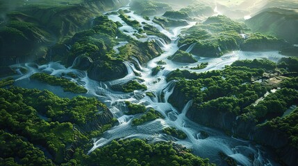 A river with water that seems to flow uphill, creating impossible shapes and patterns