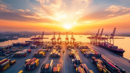 A dynamic port terminal scene at daybreak, Highlighting the global reach of shipping networks, photography style