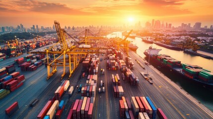 A dynamic port terminal scene at daybreak, Highlighting the global reach of shipping networks, photography style