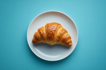 Minimalist croissant on a white plate against bright blue background, shot from above. Perfect for bakery, breakfast, and product photography 
