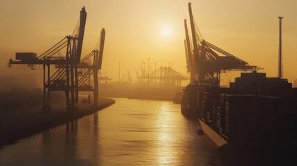 Obraz premium A dynamic port terminal scene at daybreak, Highlighting the global reach of shipping networks, photography style