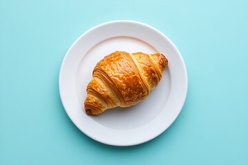 Minimalist croissant on a white plate against bright blue background, shot from above. Perfect for bakery, breakfast, and product photography concepts with clean,