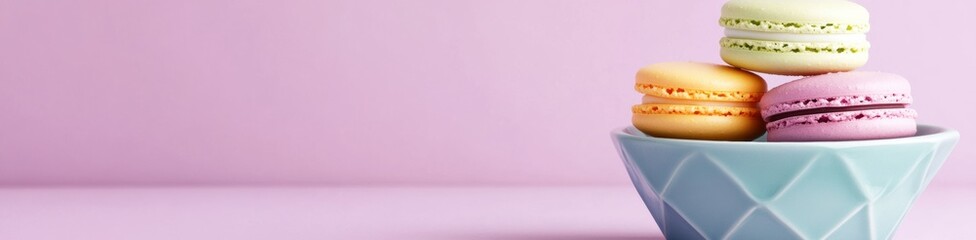 Colorful macarons stacked in a pastel bowl against a soft pink background, AI
