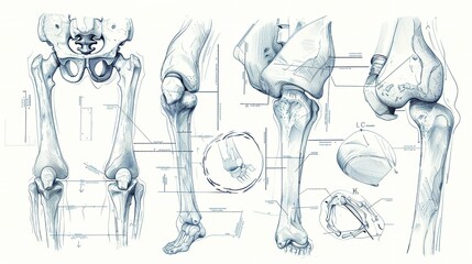 Detailed anatomical illustration of human lower limbs, including hip, knee, and ankle joints