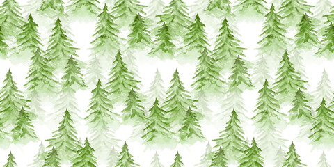 Woodland watercolor seamless pattern with bright grass green coniferous fir trees. Bright snowy and foggy New Year forest print for textile, wrapping paper, surface design