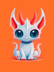 Cute blue dragon character with large eyes and red accents set against a vibrant orange background