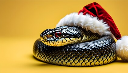 Fototapeta premium christmas snake with santa hat on vibrant yellow background