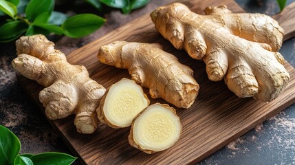 Fototapeta premium Fresh ginger roots on a wooden cutting board, sliced.