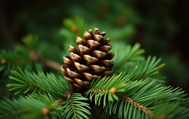 Fototapeta premium Pinecone nestled in vibrant green pine branches
