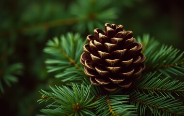 Fototapeta premium Pinecone nestled in vibrant green pine branches