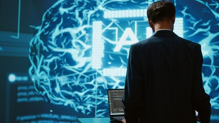 Startup employee looking over business charts, using AI software to take data driven decisions in...