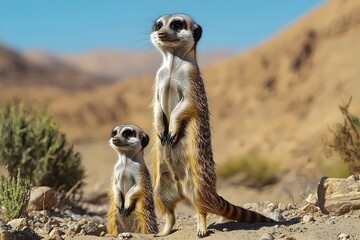 Two meerkats standing alert in a desert landscape with sandy hills in the background, showcasing curiosity and awareness in their natural habitat.