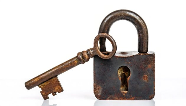 old rusty rusted Iron padlock pad lock and Skeleton Key with a shackle that may be passed through an opening such as a chain link, or hasp staple to prevent use, or entry. Isolated on white background