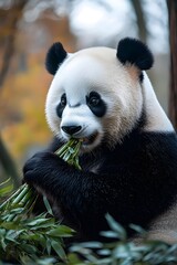 Fototapeta premium A giant panda contently munching on bamboo in a serene forest with autumn leaves in the background.