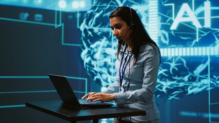 Speaker talking in online webinar, exploring ways AI can positively enhance companies workforce....