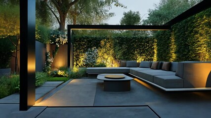 A modern outdoor living space with a sectional sofa and a coffee table, illuminated by warm lighting in the evening