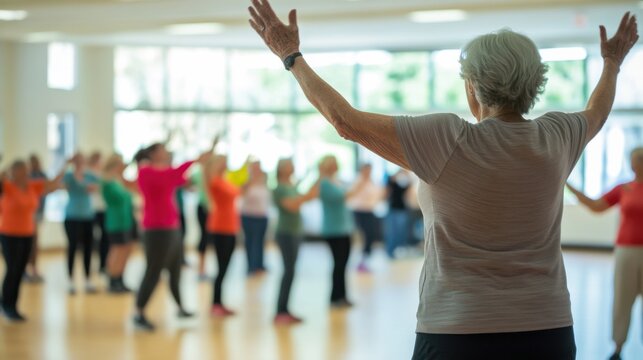 A fitness class for seniors in a bright community center, participants following the instructor’s lead, Active style