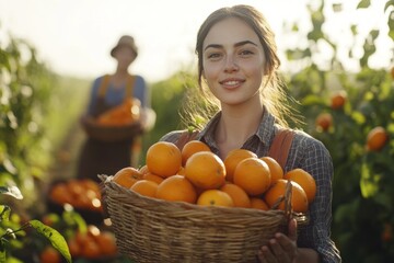 Obraz premium Young woman farmer harvesting fresh oranges with colleagues in sunlit orchard during harvest season