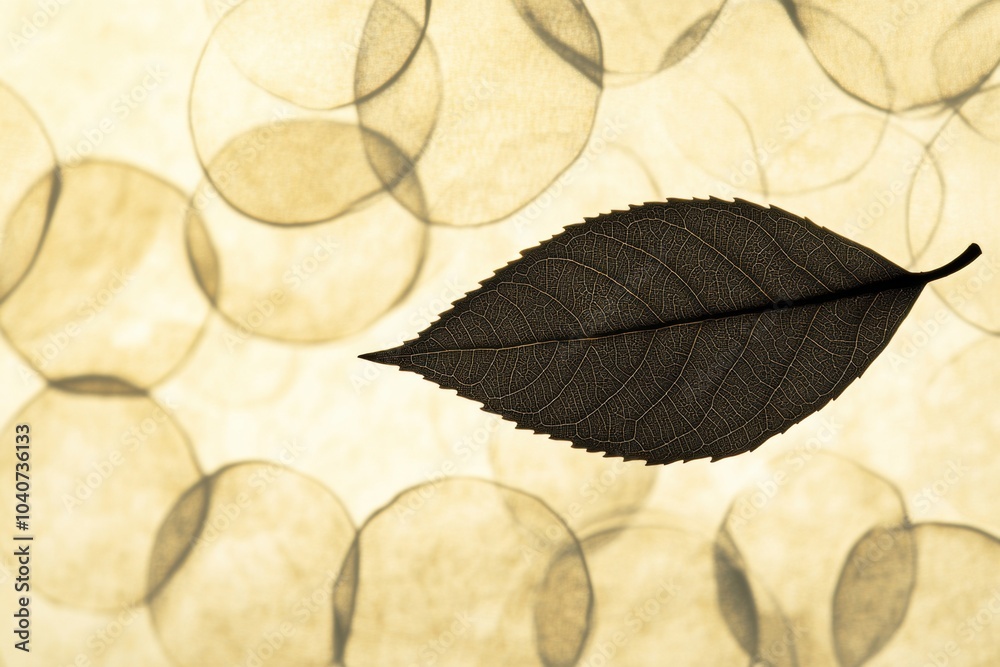 Poster A delicate tea leaf casts its silhouette against a gentle backdrop of soft, blurred circles, highlighting its intricate texture and shape. Generative AI