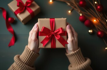 hands holding a gift box with a red ribbon on a Christmas background. to congratulate and give gifts