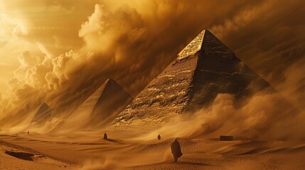 A sandstorm approaching the pyramids, creating a dramatic scene with swirling sand and partially obscured structures