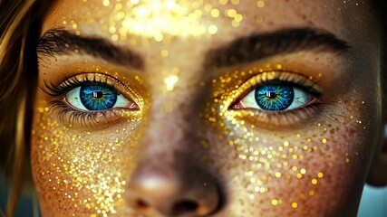 A close-up of a woman's face covered in gold glitter, highlighting her bright blue eyes