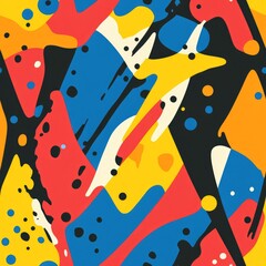 Abstract seamless pattern with colorful paint splatters on black background.