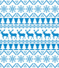 Riendeer,Christmas trees, snowflakes and geometric ornaments. Light blue background.
