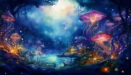 A surreal scene featuring strange creatures inhabiting the deep sea