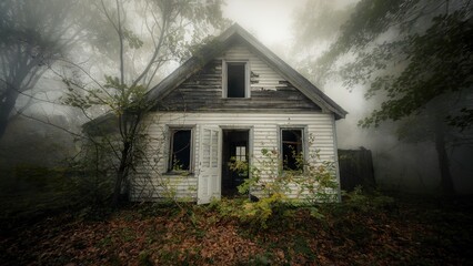 Obraz premium Abandoned house being reclaimed by nature on a foggy day