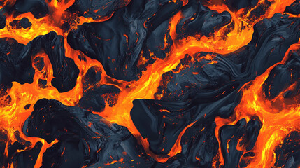 Molten Lava Flow with Fiery Orange Cracks in Dark Volcanic Rock
