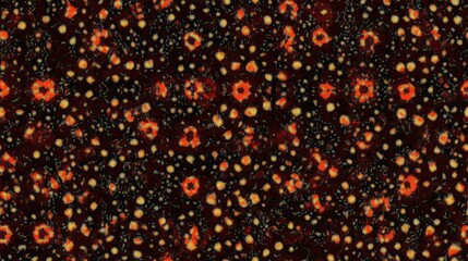 Abstract seamless pattern with red and yellow dots on black background.