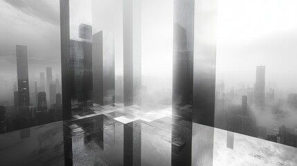 Futuristic metropolis, skyscrapers with minimalist design, a giant reflective plaza bathed in soft light, monochrome aesthetics throughout