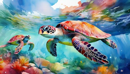 A group of sea turtles swimming together