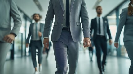 Fototapeta premium Business professionals walking confidently in a modern office environment during daytime in a bustling city