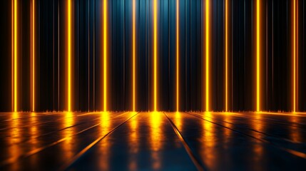 Fototapeta premium Futuristic stage bathed in golden light, sleek metallic lines, glowing neon edges tracing surfaces, ultra-minimalistic design, high-tech ambiance, photorealistic, cinematic lighting