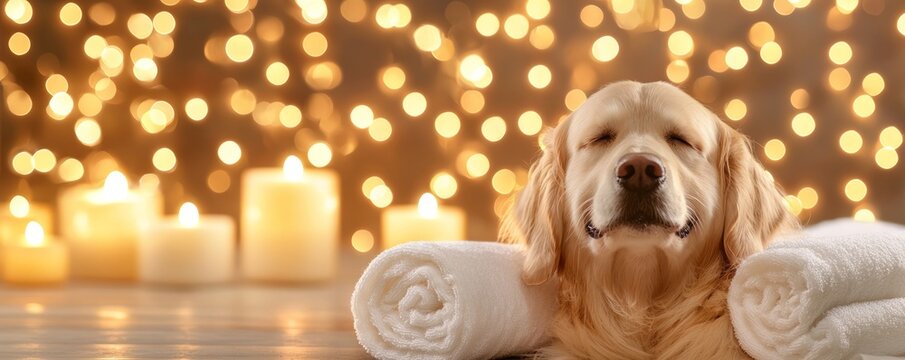 A relaxed dog lies with towels, surrounded by glowing candles and soft lights, creating a tranquil and cozy atmosphere.