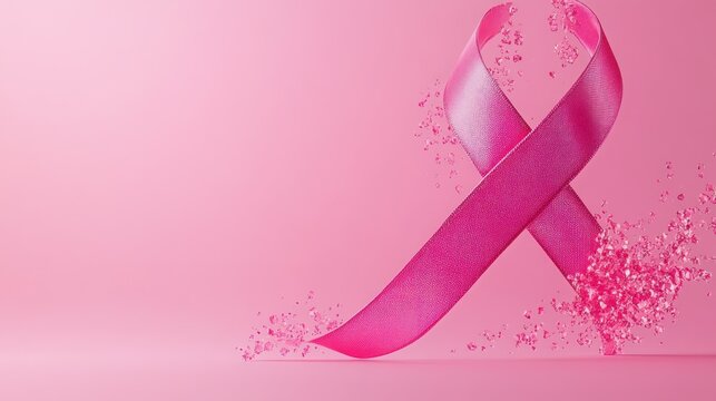 awareness pink ribbon disintegrating on light pink background, with copy space for text